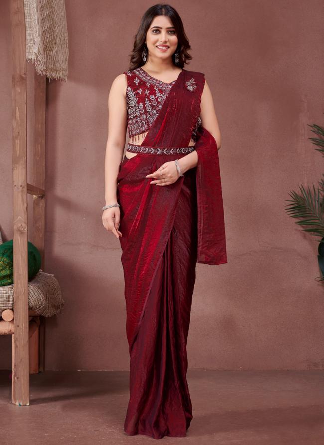 Sattin Red Party Wear Embroidery Work Ready To Wear Saree